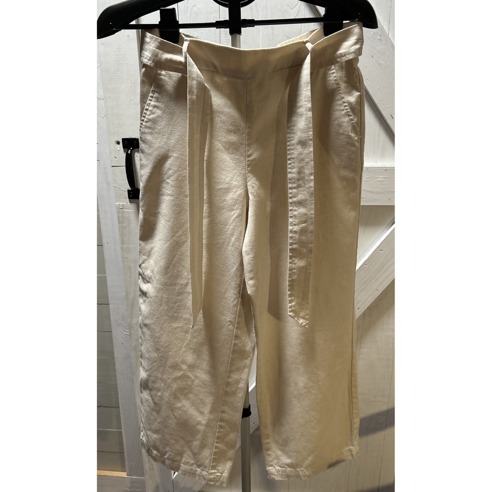 J. Crew Women's Ivory Linen-Blend With Elastic Waist & Tie Belt Ankle Pants Sz 4